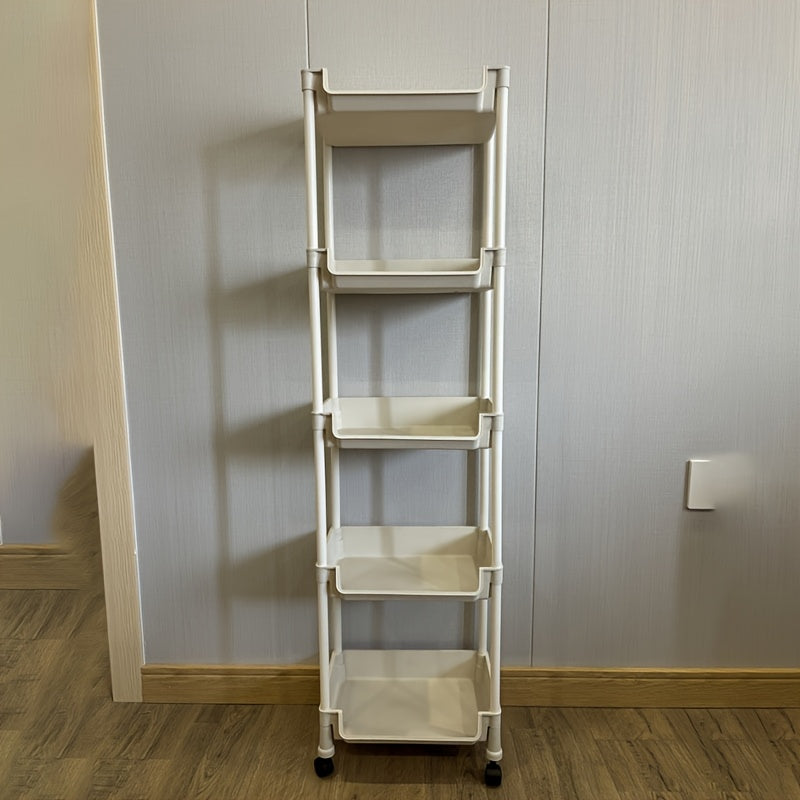 Carrito de Almacenamiento Rodante de 4/5 Niveles con Ruedas - Organizador Compacto de Plástico Duradero para Hogar, Oficina, Guardería - Unidad Móvil Ligera sin Montaje Necesario, Solución de Almacenamiento Doméstico | Diseño Blanco Limpio | Estantería L