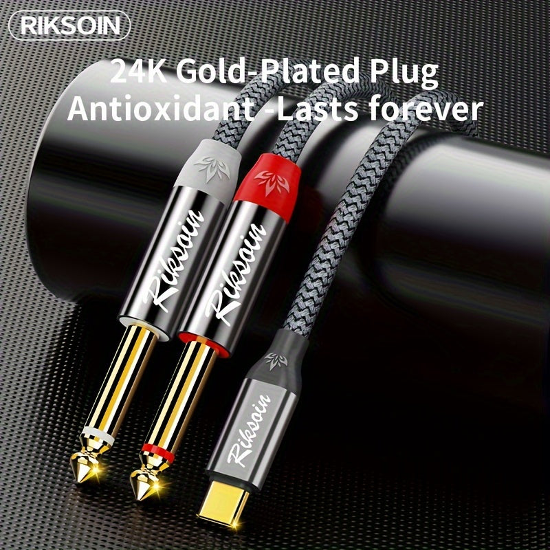 RIKSOIN Cable Y-Splitter de Audio Estéreo Trenzado de Alta Fidelidad USB-C a Dual 6.35mm TS, Conectores Chapados en Oro - Ideal para Amplificadores, Consolas de Mezcla, Altavoces, Smartphones y Portátiles