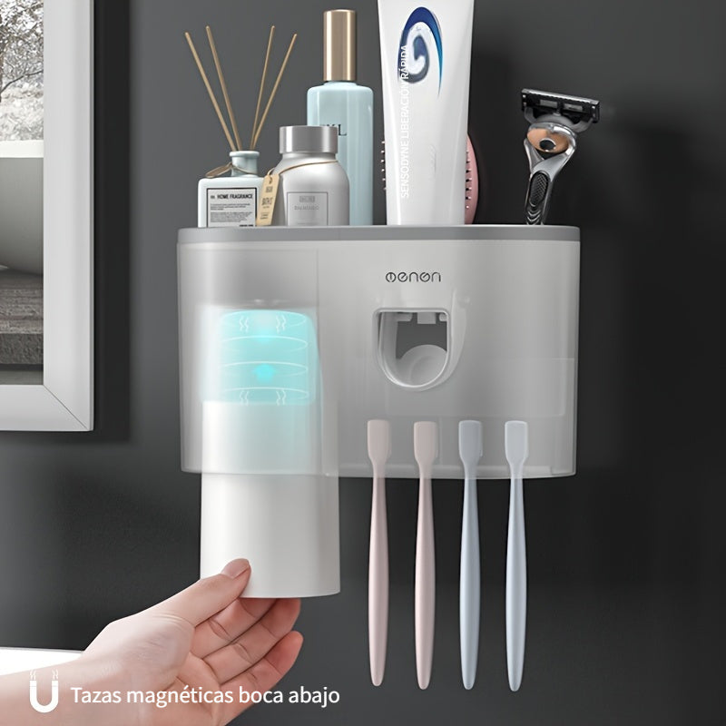 Un conjunto de soportes para cepillos de dientes con 4 ranuras para cepillos de dientes y un dispensador automático de cepillos de dientes con una taza magnética, un contenedor multifuncional para cepillos de dientes y un conjunto de accesorios para baño.
