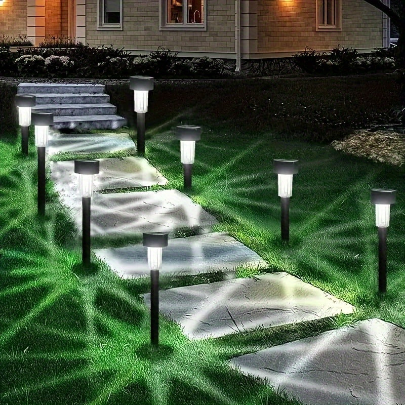 10 luces solares para exteriores – Luces solares de plástico con accesorios de instalación, control de encendido/apagado, carga solar para patios, jardines, césped y entradas – Sin cables, batería de níquel, instalación semiempotrada, control con sensor