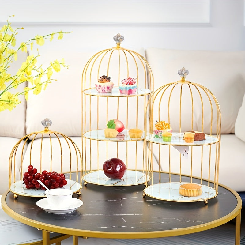 Elegante Soporte para Pastel de Doble Capa con Forma de Jaula de Pájaros - Exhibidor de Postres de Hierro Fundido Dorado para Sala de Estar, Perfecto para Aperitivos, Frutas y Dulces