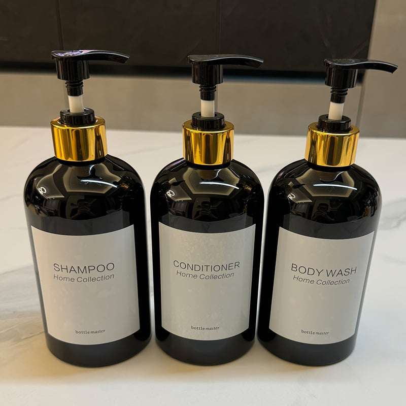 3 Piezas Dispensador de Champú y Acondicionador con Soporte para Pared | Juego de 3 Botellas Plásticas de 16.9 fl oz en Blanco o con Bomba de Bambú