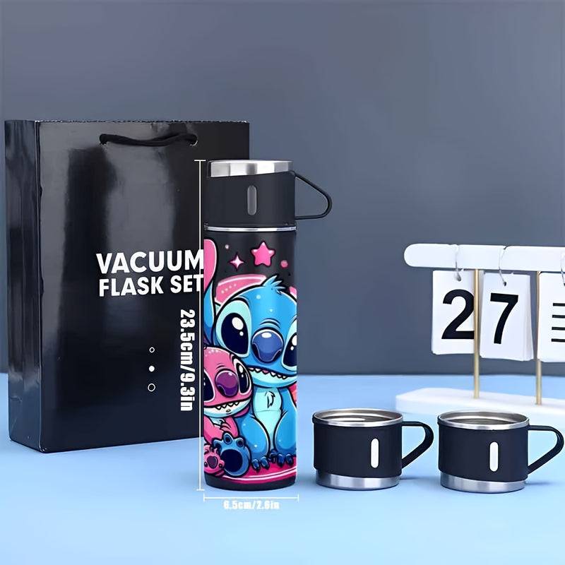 Juego de 1 Set 17Oz Disney Stitch Acero Inoxidable Termo a Prueba de Fugas con 3 Tazas para Bebidas Calientes y Frías, Adecuado para Viajes de Negocios y Útiles Escolares LHB03211