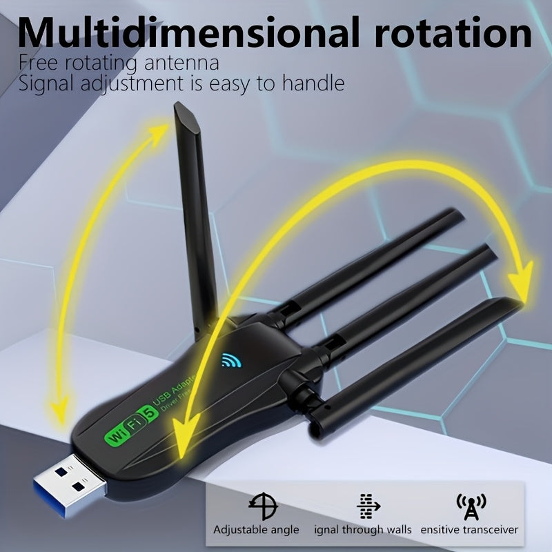 Adaptador Wifi de doble banda 2.4G/5.8G con 1300Mbps, interfaz USB, fuerte penetración de pared, cuatro antenas, internet de alta velocidad, baja latencia y acceso a internet en cualquier momento y lugar.