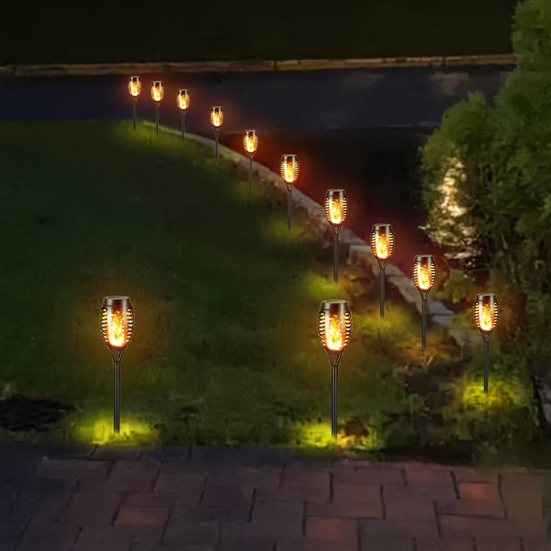 8 luces antorchas solares con efecto de llama parpadeante - Lámparas decorativas de llama simulada cálida para jardín, césped, camping y iluminación ambiental exterior, antorcha para jardín | Efecto de llama parpadeante | Cuerpo de plástico duradero, luc