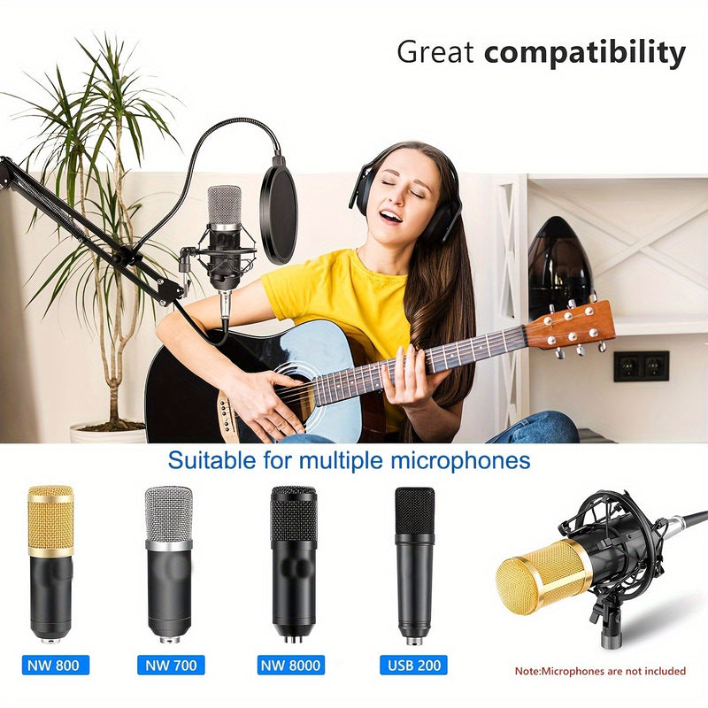 Soporte de micrófono ajustable de acero al carbono con brazo de boom, montaje de choque, pantalla de viento y soporte de filtro de pop - Montaje de escritorio con brazo de tijeras para transmisión en vivo, juegos, transmisión en vivo, grabación de audio