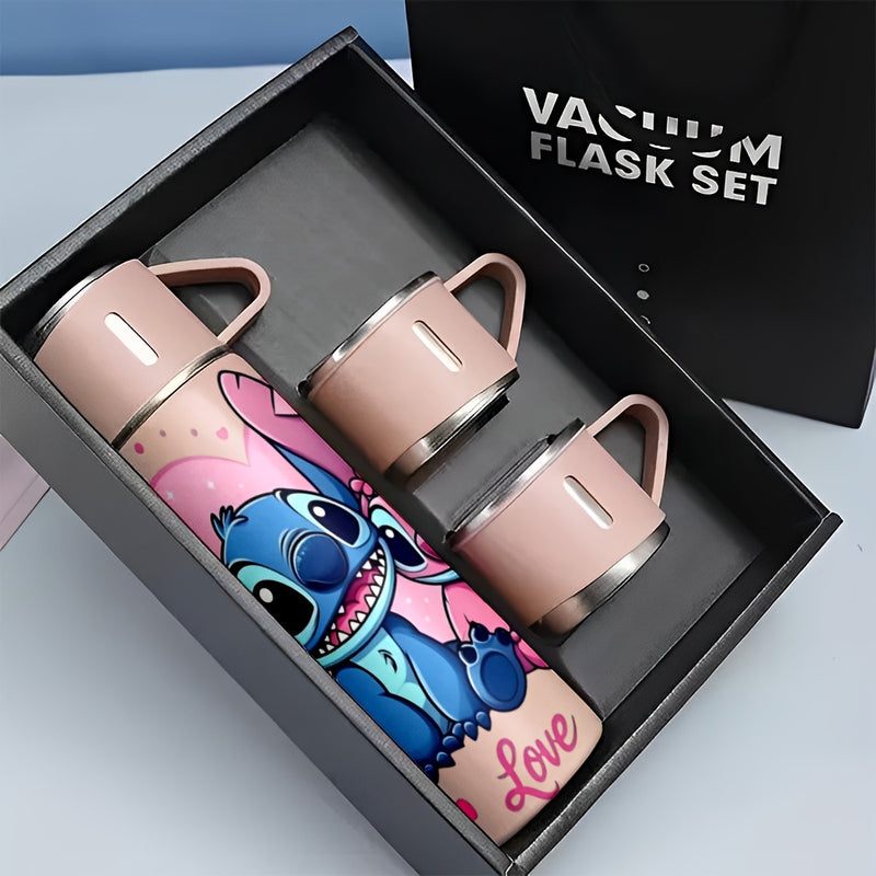 Juego de 1 termo de acero inoxidable Disney Stitch de 17 oz, taza térmica a prueba de fugas con 3 tazas para bebidas frías y calientes, ideal para viajes de negocios y útiles escolares, modelo LHB03211