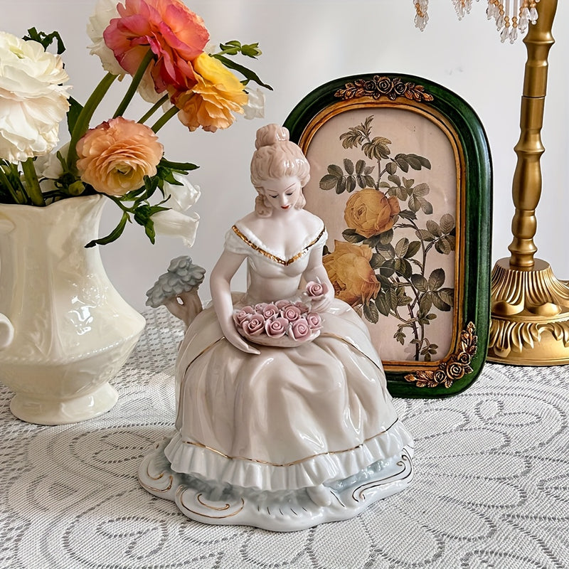 Elegante Figurita de Cerámica Hecha a Mano que Sostiene Rosas - Estilo Europeo Vintage, Ideal para Decoración del Hogar, Bodas y Regalos, Perfecta para el Día de la Madre, San Valentín y Cumpleaños, Decoraciones de Bodas