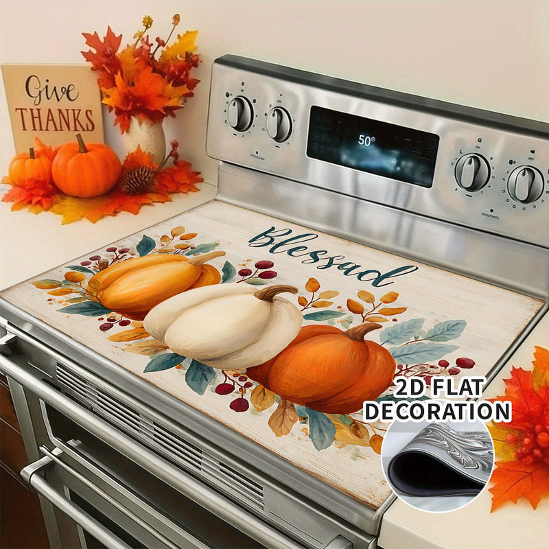 1pc Cubierta para Estufa de Acción de Gracias - con Letras Bendecidas, Revestimiento Antideslizante de Goma, Decoración de Cocina Otoñal para Estufas de Gas/Eléctricas, Diseño Floral de Calabaza en Naranja/Beige, Compatible con la Mayoría de Estufas - Fá