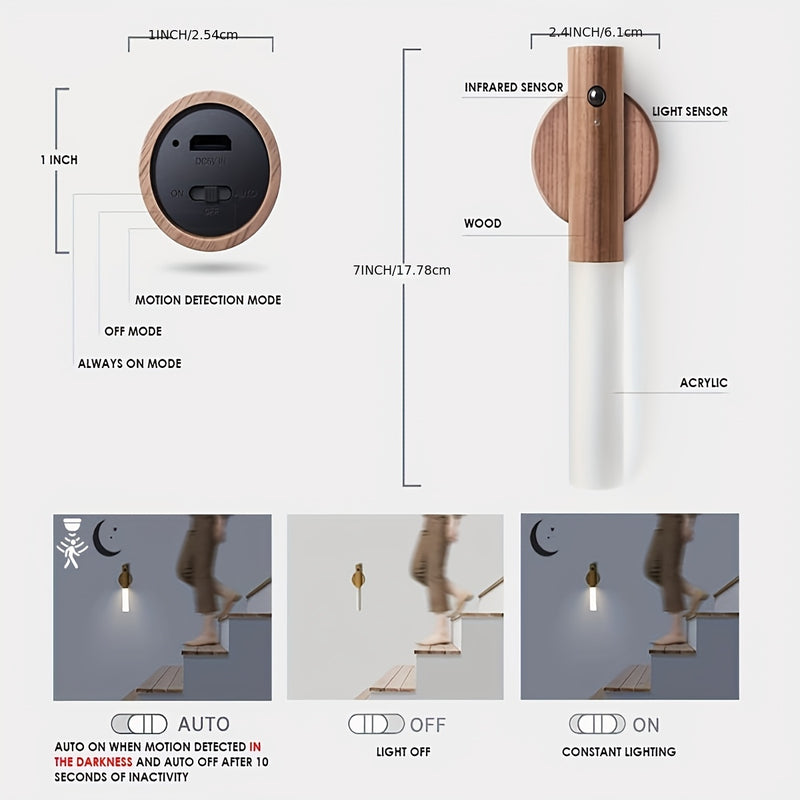 1pc/2piezas Sconce de pared magnético de madera tradicional, luz nocturna de sensor de movimiento LED recargable por USB, montaje semibrillo extraíble para dormitorio, armario, pasillo, escalera, gabinete - Sombrilla de plástico, compatible con ubicación