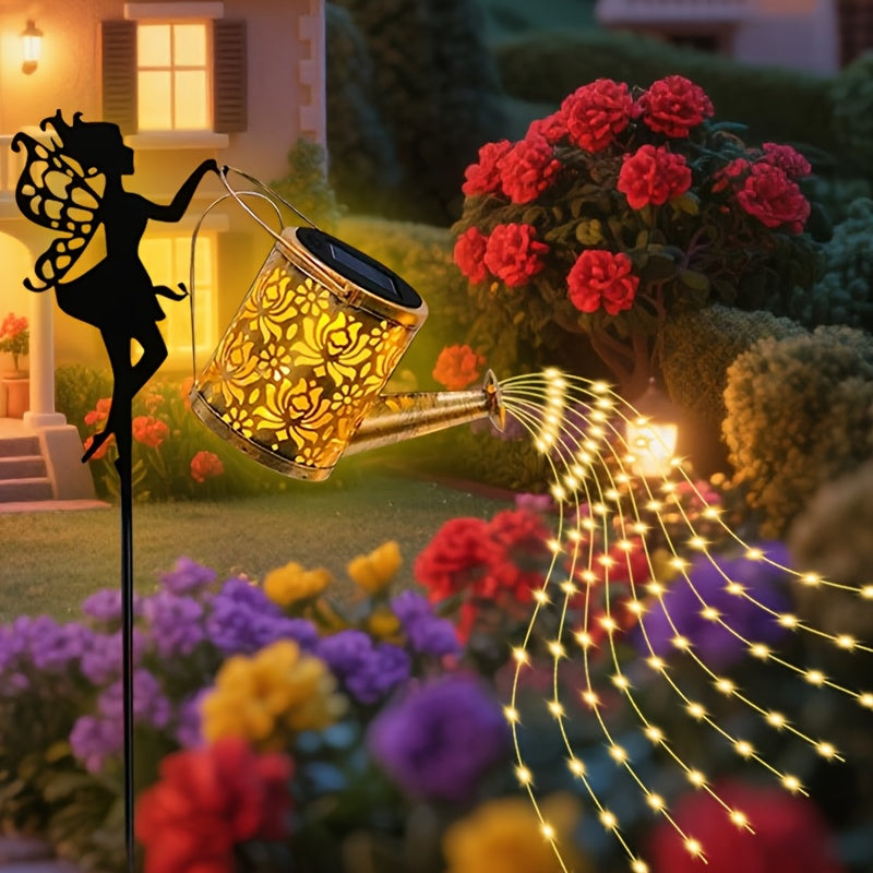 1 regadera solar con luces LED de hadas, decoración metálica para exteriores, ideal para jardín, césped o fiestas, regalo perfecto para mamá, vecinos y amigos
