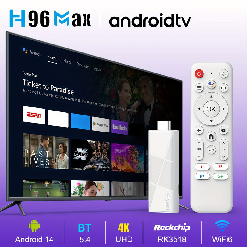 2025 Nueva Llegada H96 MAX RK3518 Smart TV Stick con Android 14.0, WiFi6, BT5.4, Ethernet 100m, Resolución 4K@60Hz, Salida HD, Asistente AI Caja Reproductor de TV
