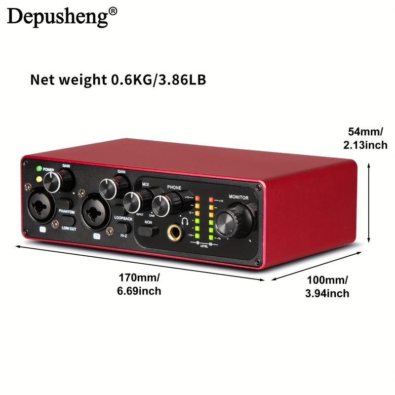 Interfaz de audio profesional DEPUSHENG de 2 canales - Grabación de 24 bits/196 kHz, interfaz XLR, alimentación fantasma, USB-C, aleación de aluminio, ideal para streaming de PC/Win/Mac y grabación de música, tarjeta de streaming de música | Tarjeta de s