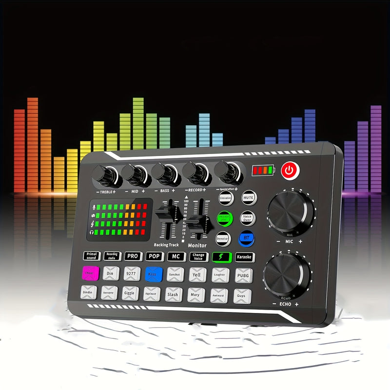 La tarjeta de sonido en vivo profesional F998 cuenta con un cambiador de voz y efectos de mezcla de DJ. Es recargable por USB y puede producir más de cuatro modificaciones únicas de sonido. Con un conector de 3,5 mm, es ideal para grabaciones de computad