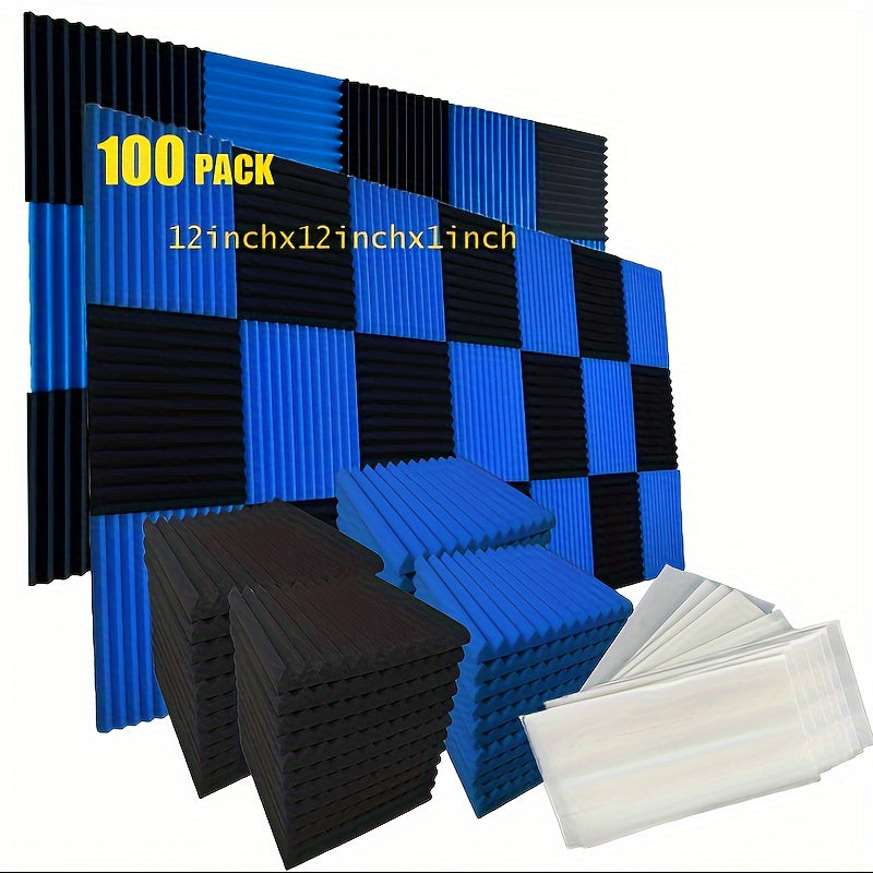 Conjunto de 100 piezas de Paneles de Espuma para Estudio VIBuilt con Aislamiento Fónico, 50 Negros + 50 Azules, 30.48cm x 30.48cm x 2.54cm Material de Grabación Acústica con Cinta Nano Doble Cara, Sin Daños en las Paredes, Ideal para Estudios y Grabacion
