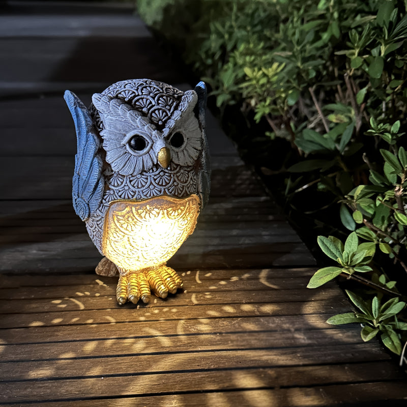 XXOASIS Búho Azul Luz Solar, Artesanía de Resina, Estatua Creativa No Ver No Oír No Hablar, Proyección de Patrón Hueco, Regalo para Jardín Patio Césped Patio Balcón Estanque, Control de Interruptor, Batería de Níquel Cargada Solar 80mAh