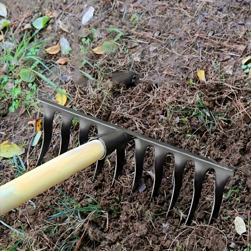 Rastra de jardín de acero de manganeso forjado a mano de 2 tamaños con dientes de tenedor afilados - Rastra de metal resistente a la herrumbre de alta resistencia para deshierbar, aflojar la tierra y limpieza de jardín sin esfuerzo - Mango amarillo ergon