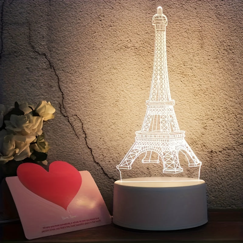 1 lámpara LEDUGF moderna 3D de la Torre Eiffel con base blanca, luz cálida monocromática, control por interruptor, material plástico, incluye cable, alimentación por USB, para dormitorio
