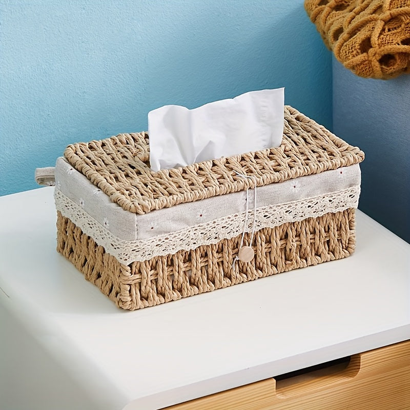 Cubierta de Estilo Vintage para Caja de Pañuelos Tejida con Tapa - Organizador de Almacenamiento de Cuerda de Papel Duradero para Decoración del Hogar, Ganchos de Utilidad