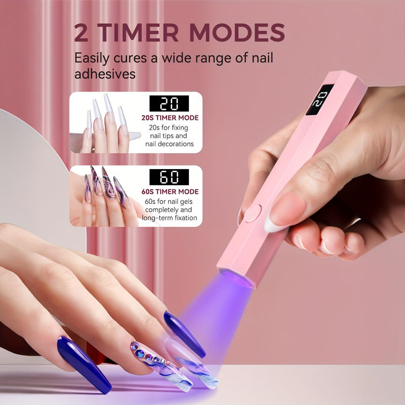 Secador de Uñas Portátil con Temporizador Digital - Lámpara LED Rápida para Manicura/Pedicura, Secado Rápido, Batería de Litio y Carga USB (Sin Adaptador Necesario) - Rosa Brillante/Blanco, Herramienta de Belleza Estilosa, Exterior en Plástico Brillante