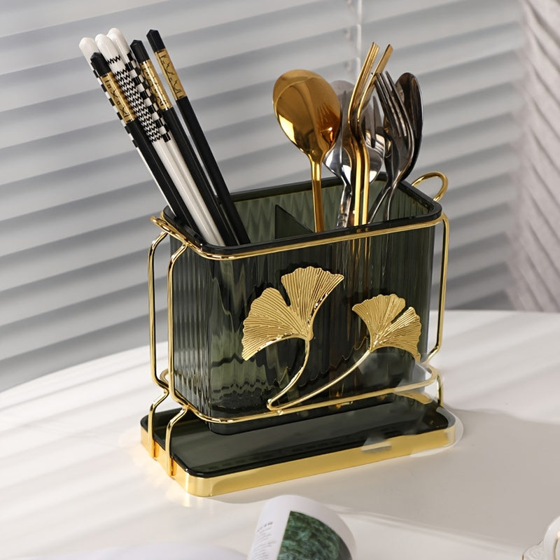 Organizador de utensilios de metal dorado elegante con bandeja de drenaje - Diseño de doble compartimento para cocina y comedor, perfecto para almacenamiento de bolígrafos, lápices y cubiertos, organizadores y almacenamiento de cocina.