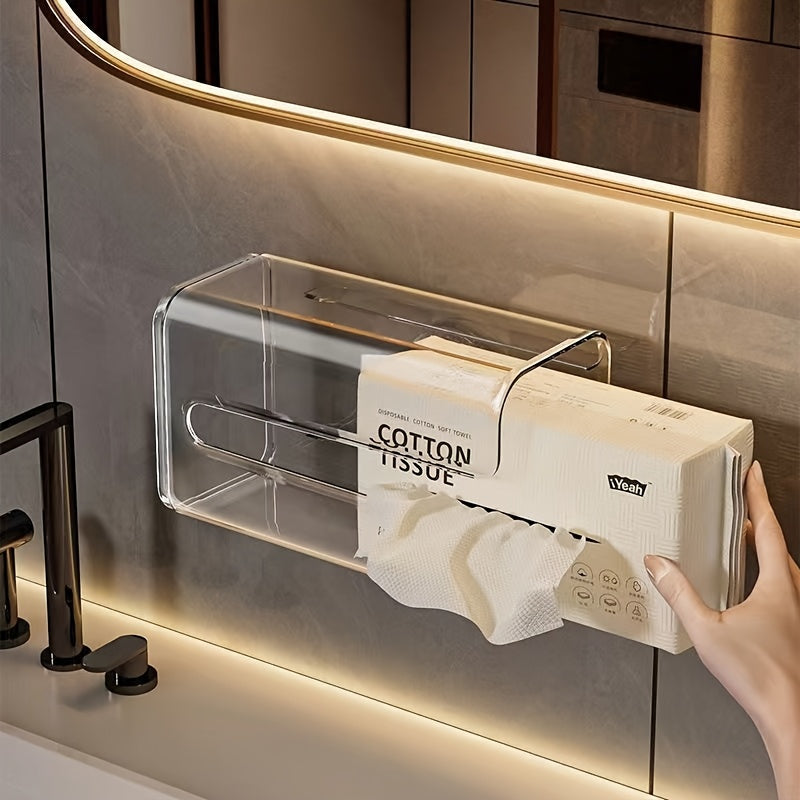 Porta pañuelos de acrílico transparente para pared, montaje con adhesivo sin taladro, organizador cuadrado minimalista para baño y cocina, ahorra espacio para pañuelos y artículos esenciales