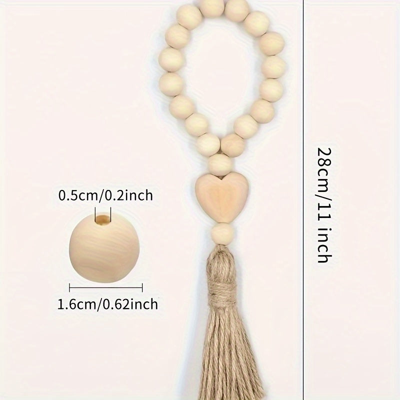 1 pieza de guirnalda de cuentas de madera con borla en forma de corazón - Decoración romántica para el hogar en el Día de San Valentín, estilo moderno, cuentas de madera natural, no requiere batería, ideal para sala de estar o dormitorio.