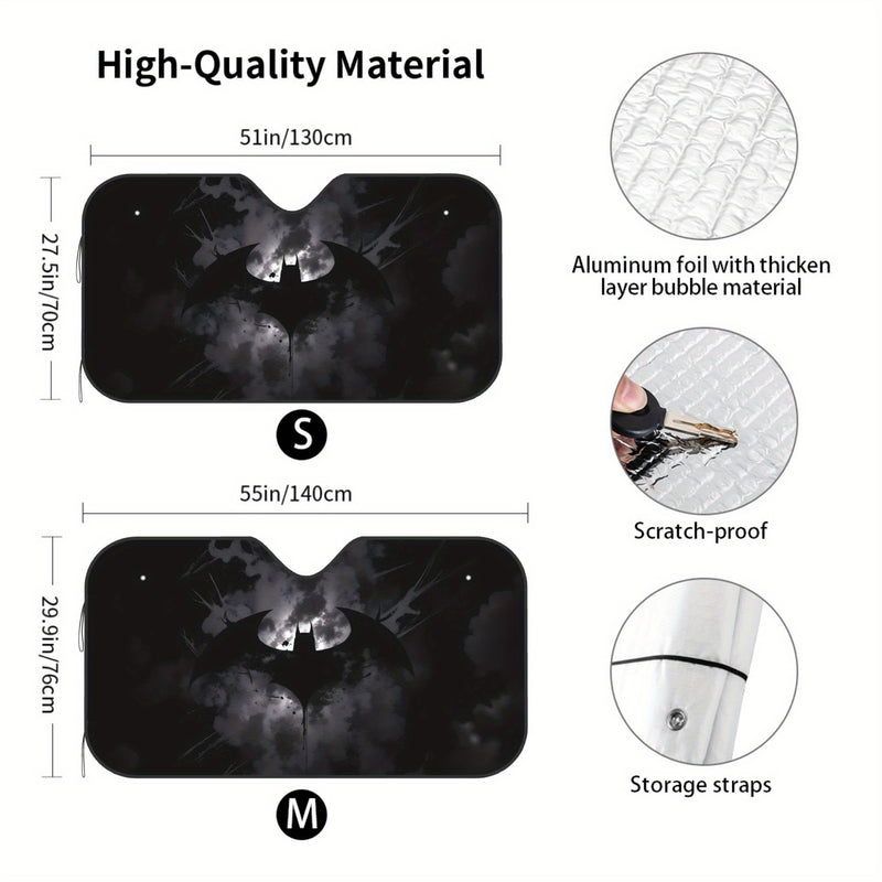 Paraguas solar plegable de Batman de Warner Bros. | Cubierta de parabrisas estilo dibujos animados con material de poliéster | Visera de coche premium con bloqueo de UV | Mantiene la temperatura fresca del habitáculo | Accesorio automotriz unisex (instal