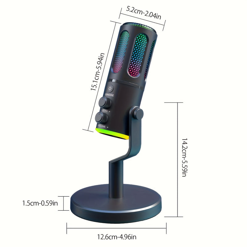 RIKSOIN USB Micrófono de condensador para juegos con luces RGB, Plug & Play con cancelación de ruido - Calidad de sonido profesional, brazo y soporte ajustables, alimentado por USB-C para juegos de PC, podcasting, transmisión en vivo, karaoke, videoconfe