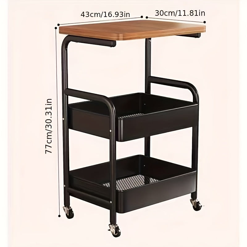 Carrito de almacenamiento rodante de 3 niveles con parte superior de madera y ruedas - Organizador versátil para snacks, libros y más - Ideal para uso en casa o en la oficina, carrito de almacenamiento de oficina | Carrito de almacenamiento moderno | Est
