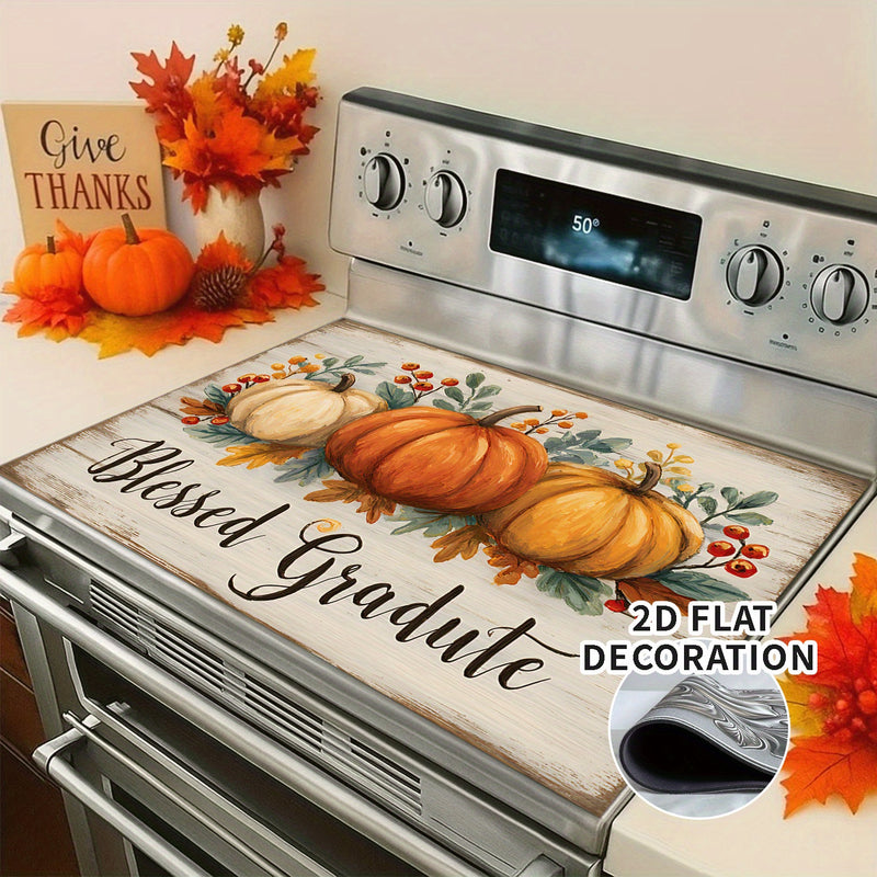 1pc Cubierta Decorativa para Estufa de Acción de Gracias - con Calabaza, Texto "Graduado Bendecido" - Protector Antirrayas con Forro de Goma para Estufas a Gas/Eléctricas - Ajuste para Estufas Eléctricas Estándar - Decoración para Acción de Gracias, Otoñ
