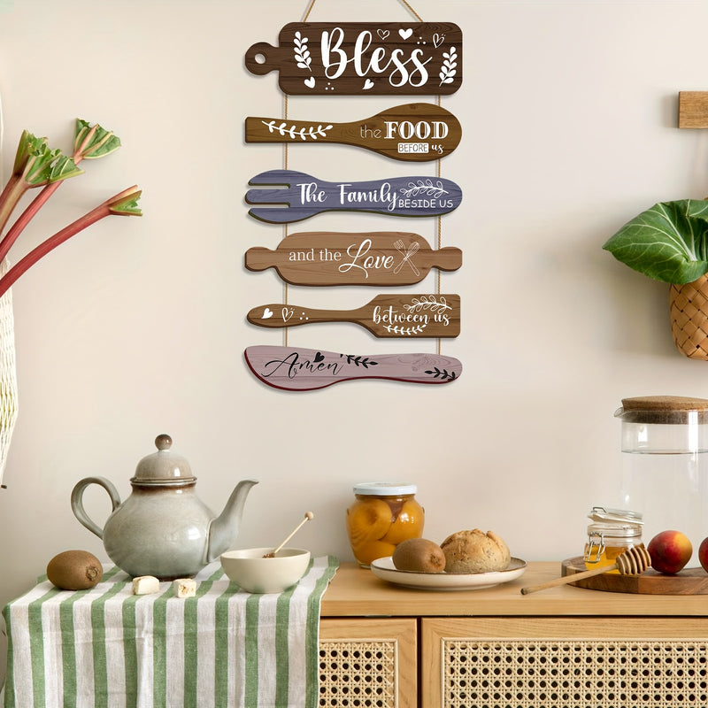 Decoración de Pared para Cocina Campestre "Bendice Nuestra Comida", 6 piezas en 2D Plano, Arte Divertido con Patrón de Restaurante, Pintura Colgante de Madera Retro, Adecuada para la Decoración del Salón de Comedor al Estilo Campo
