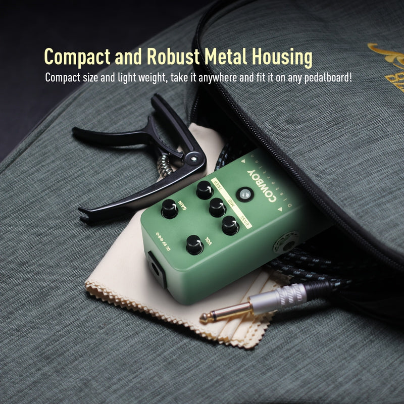 Pedal de Distorsión Sonicake Cowboy - Homenaje a Dimebag Darrell con Interruptor Dual (Bajo/Medios/Agudos), Construcción Metálica Resistente, Pedal Compacto Verde para Heavy Metal, Rock y Blues - Incluye Correa Hook and Loop, Compatible con 9V-18V DC (Po