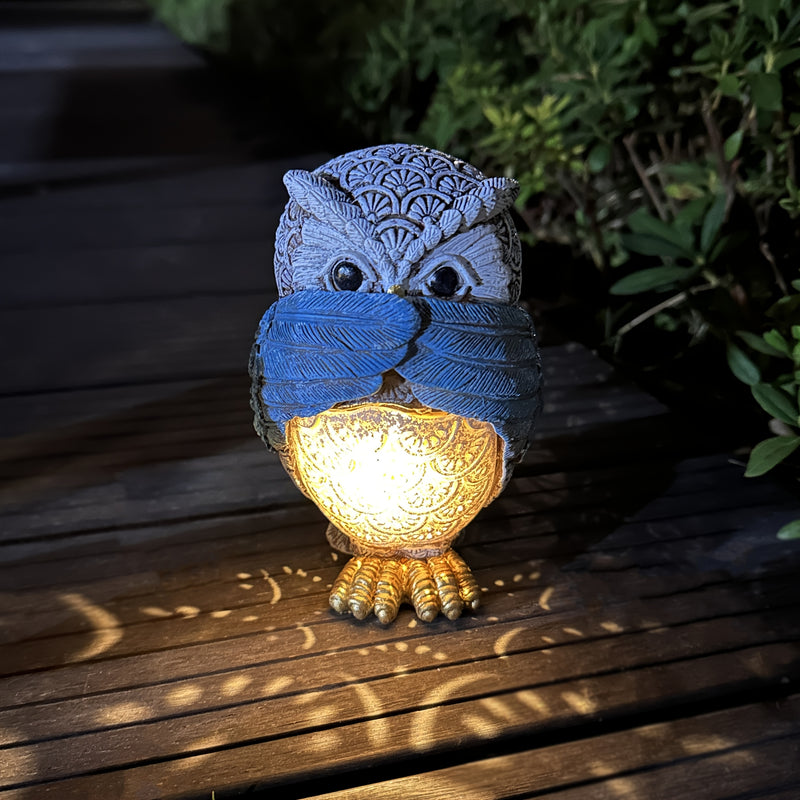 XXOASIS Búho Azul Luz Solar, Artesanía de Resina, Estatua Creativa No Ver No Oír No Hablar, Proyección de Patrón Hueco, Regalo para Jardín Patio Césped Patio Balcón Estanque, Control de Interruptor, Batería de Níquel Cargada Solar 80mAh