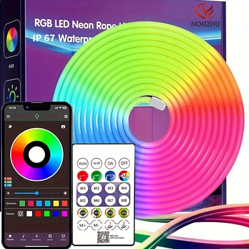Una tira de luz neónica impermeable inteligente de 5V alimentada por 5USB, que puede ser controlada a través de una aplicación y un botón de control remoto de 24 teclas, sincronizada con la música, adecuada para la decoración de fiestas en el hogar, con
