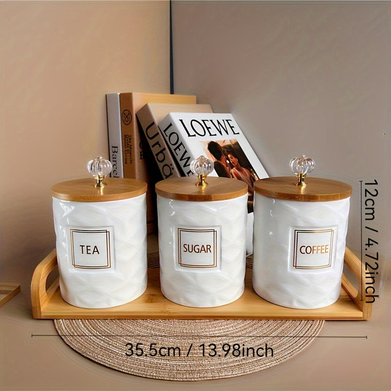 1 juego/3 piezas (650ml*3) con base de madera, tarros cerámicos de mármol estilo nórdico con patrón rombo, contenedores elegantes para té y café - esenciales para bodas, fiestas, Navidad, Acción de Gracias, cumpleaños y uso diario en el hogar