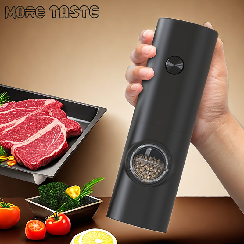 MOLINILLO ELÉCTRICO DE SAL Y PIMIENTA MORE TASTE - Operación con una mano con luz LED, grosor ajustable, molinillo de acero inoxidable recargable, operación automática para especias frescas, molinillo de especias de cocina | Diseño negro elegante | Const