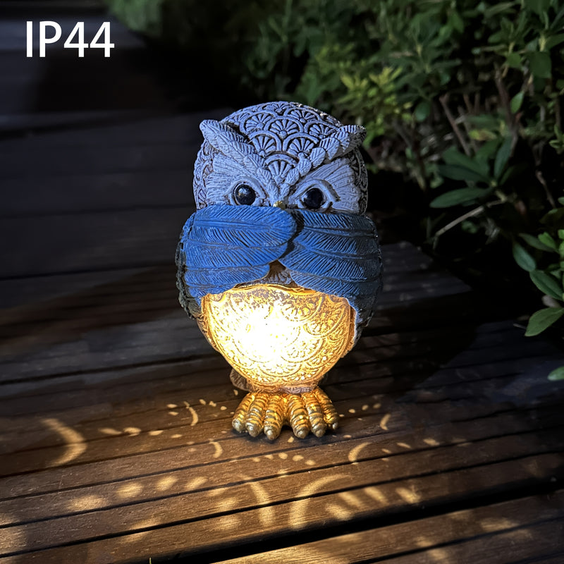 XXOASIS Búho Azul Luz Solar, Artesanía de Resina, Estatua Creativa No Ver No Oír No Hablar, Proyección de Patrón Hueco, Regalo para Jardín Patio Césped Patio Balcón Estanque, Control de Interruptor, Batería de Níquel Cargada Solar 80mAh