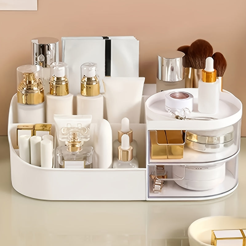 Organizador de Maquillaje de Tocador con Espejo - Caja de Almacenamiento de Cosméticos Estilo Cajón para Cuidado de la Piel, Lápiz Labial y Más - Soporte Ligero de Plástico para Encimera
