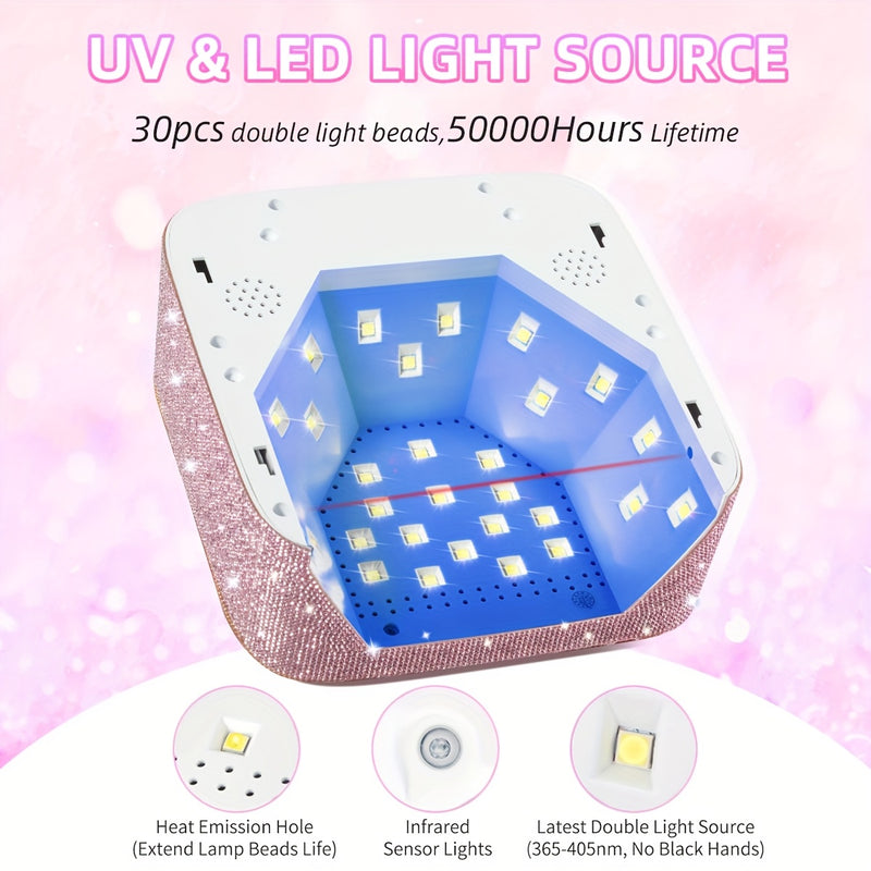 Secador de Uñas Portátil sin varillas con 30 Luces LED, Lámpara de Manicura Recargable con Piedras Brillantes Doradas, Batería Integrada de 2500mAh, Sensor Infrarrojo Inteligente, 5 Modos Temporizadores, Herramienta Profesional de Salón