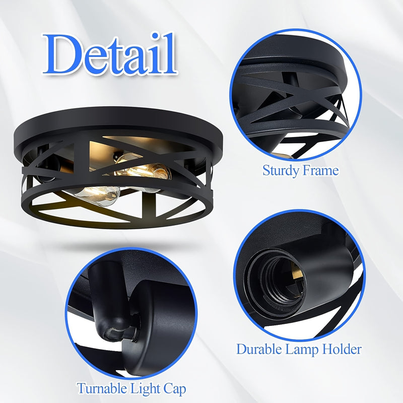Lámpara de techo industrial negra moderna - Plafón de 2 luces para cocina, pasillo o estilo rústico (No incluye focos)