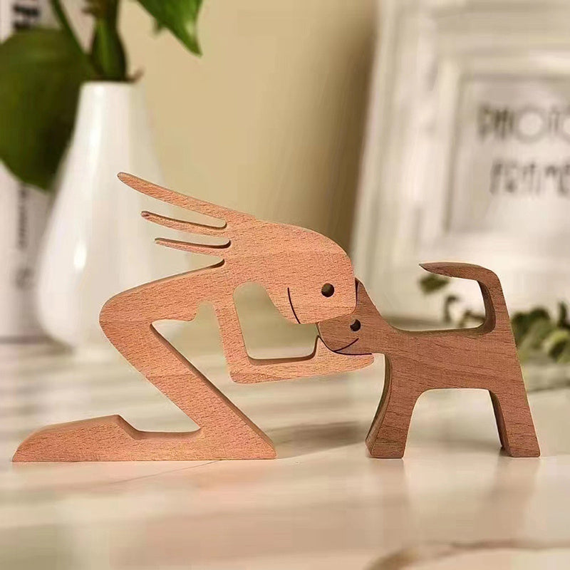 Figura de Perro de Madera Hecha a Mano - Escultura Encantadora de Familia y Mascota para Decoración de Hogar u Oficina, Regalo Perfecto para San Valentín o Navidad