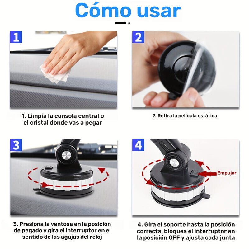 Soporte para Teléfono Móvil Giratorio 360° - ABS Duradero, Montaje en Tablero, Brazo Ajustable y Abrazadera para Coches, Camiones, Vehículos de Ingeniería