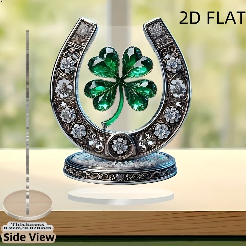 Adorno de Herradura y Trébol de Cuatro Hojas en Estilo Acrílico Cristal Plano 2D, Impresión Plana 2D, Decoración para Mesa, Decoración Hogareña Multipropósito, Sin Pilas, Ideal para San Valentín y Regalos Festivos (19.99/16.13 cm)