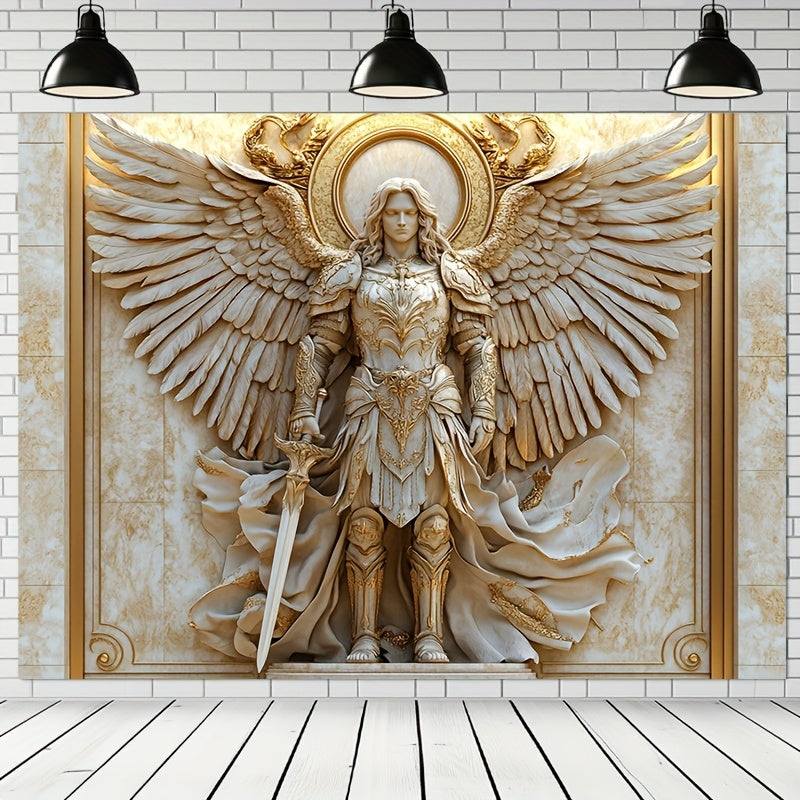 1pieza Estilo Glam Estatua de San Miguel Arcángel Telón de Tela, Ornamento de Poliéster Colgado para Salón y Decoración de Habitación, Ajuste General, No Requiere Electricidad ni Plumas