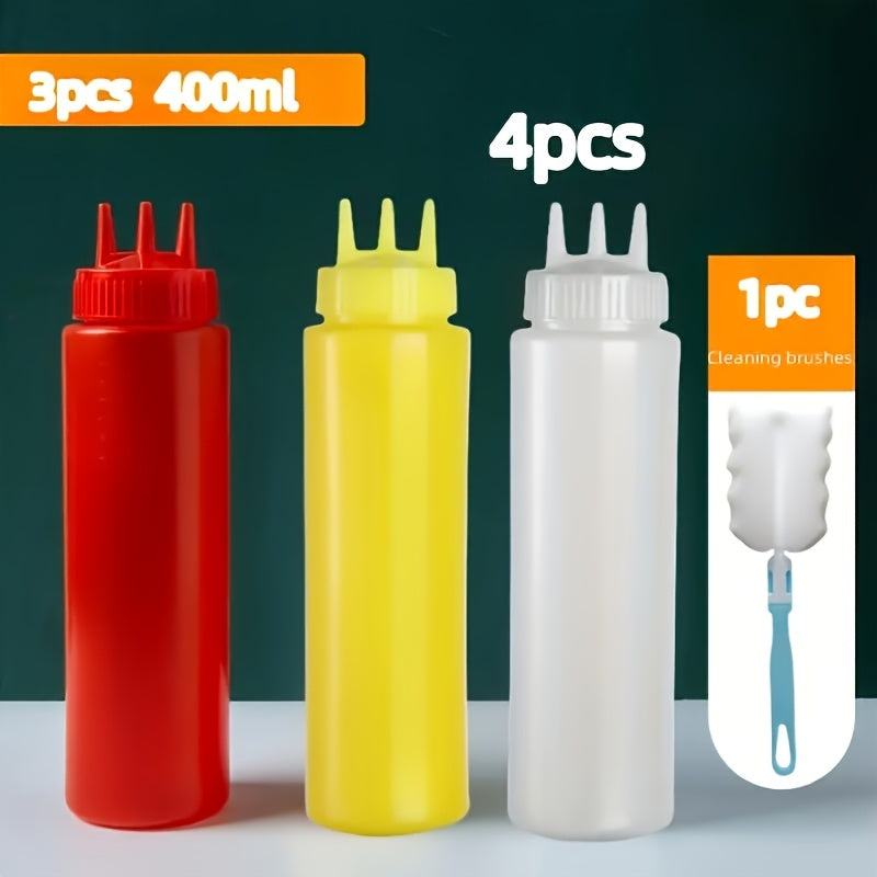 Juego de 4 botellas exprimidoras de condimentos con cepillo de limpieza - Plástico libre de BPA, redondas, fáciles de lavar a mano - Elementos esenciales de cocina para ensaladas, barbacoas, horneado, asados, picnic - 3 botellas dispensadoras con boquill