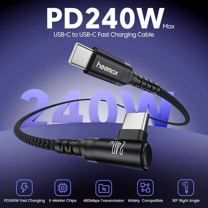 Cable de carga rápida HEEMAX de 240W, con diseño de ángulo recto C a C y USB-C a USB-C, con diseño de 90°, transferencia de datos de alta velocidad, cable trenzado duradero para teléfonos inteligentes y portátiles, cable de carga para teléfono, accesorio