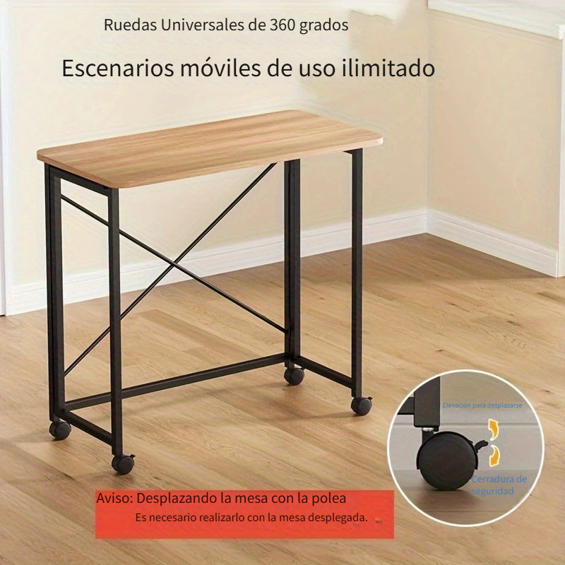 Escritorio plegable portátil de madera con ruedas giratorias 360°, mesa para computadora de oficina en casa, panel de madera y estructura metálica, sin necesidad de electricidad, 1 unidad