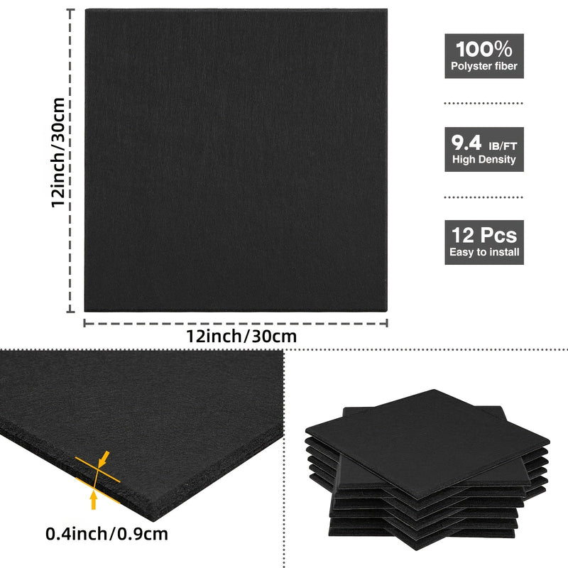 Paneles de espuma de sonido autoadhesivos HERTBER, paquete de 12, negro, baldosas acústicas de alta densidad para oficina, sala de reuniones, sala de estar, estudio, sala de música, sala de juegos, cine - Material de absorción de sonido