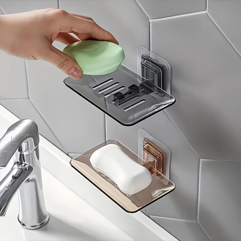 1 unidad de Soporte de jabón rectangular de cristal transparente - de plástico, montado en la pared, instalación sin costuras, sin taladro, diseño de drenaje para la organización del baño